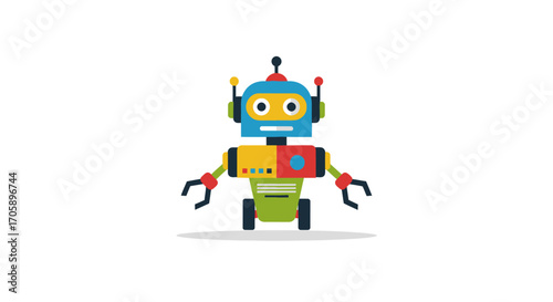 A friendly colorful toy robot character with big eyes antennas and claws.