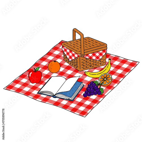Picnic basket with fruit, book, and a red and white checkered blanket laid out for a relaxing outdoor meal.