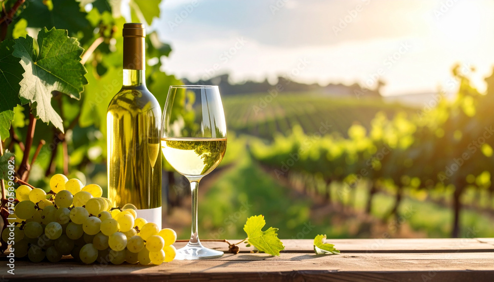 Fototapeta premium Wine Bottle and Glass with Grapes on a Rustic Table at Sunset