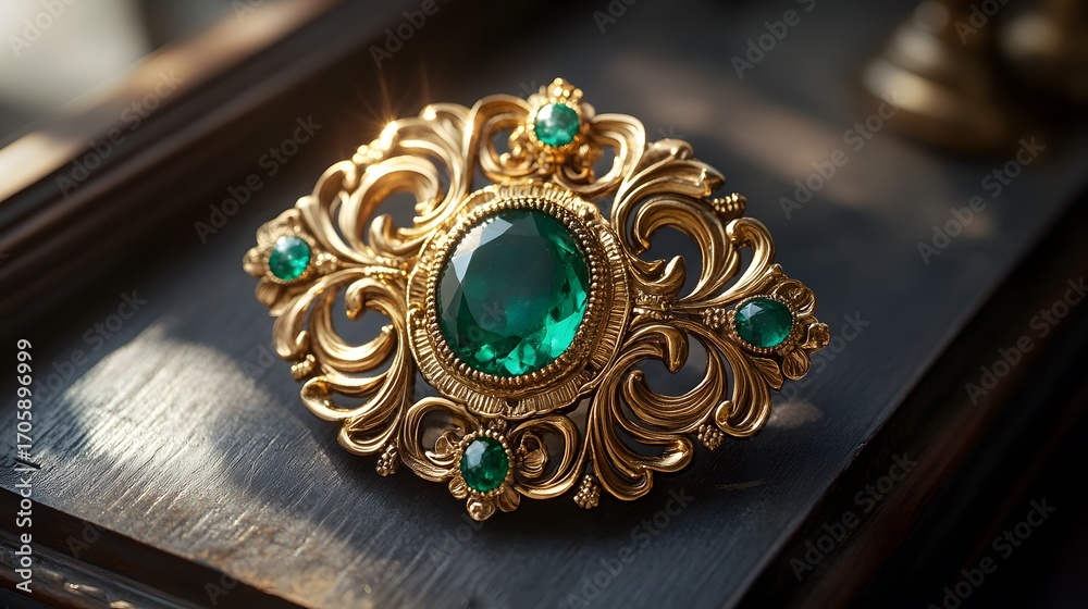 Obraz premium A glamorous gold brooch with an oval-shaped green gemstone, decorated with smaller green gems, sparkles on a dark wooden tray, shining in the light of day.