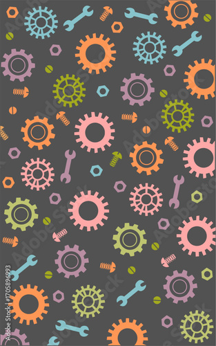 Colorfull Robotic theme on grey. Screws, wrenches, iron