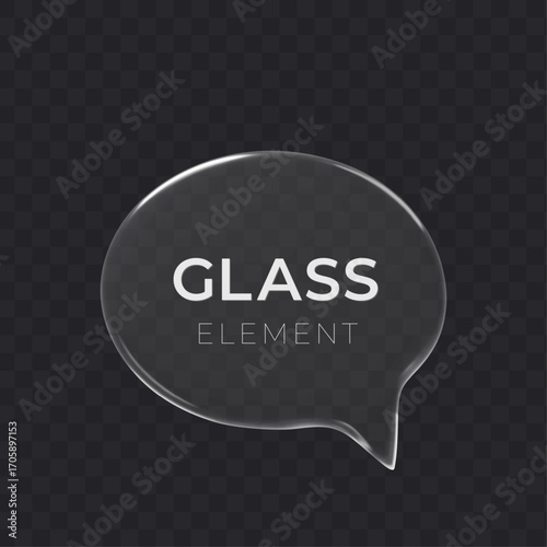 Glass speech bubble ellipse 3d icon on dark transparent background. Message cloud vector object