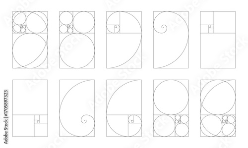 Fibonacci numbers array set. Collection of eight vertical golden ratio harmony proportions templates.