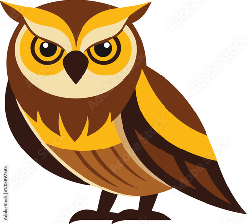 A wise brown cartoon owl with big eyes and a cute beak perches on a tree branch, a fun vector design