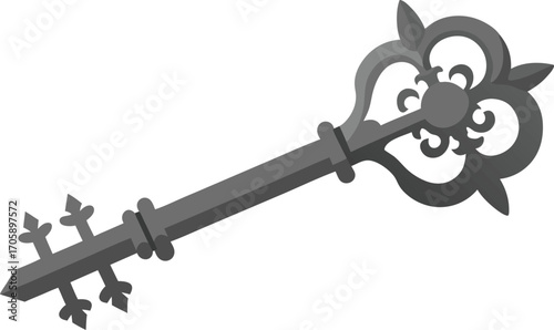 Rusty vintage skeleton key, an antique metal object isolated on a white background