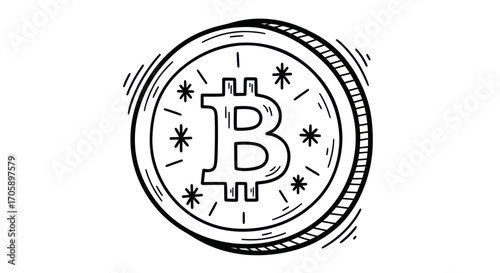 Hand-drawn Bitcoin cryptocurrency coin illustration.
