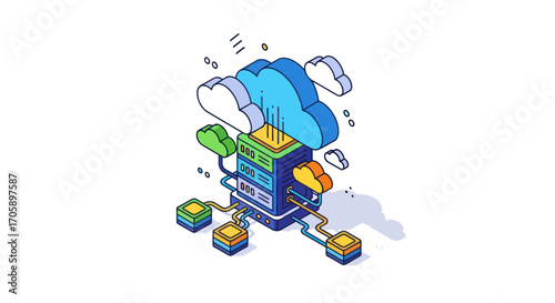Isometric illustration of cloud computing technology with a central server rack and network.