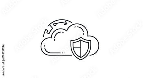 Minimalist line art icon of a secure cloud with a shield for data protection and synchronization.