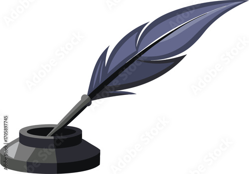 An antique quill and inkwell with a black feather pen on a white background
