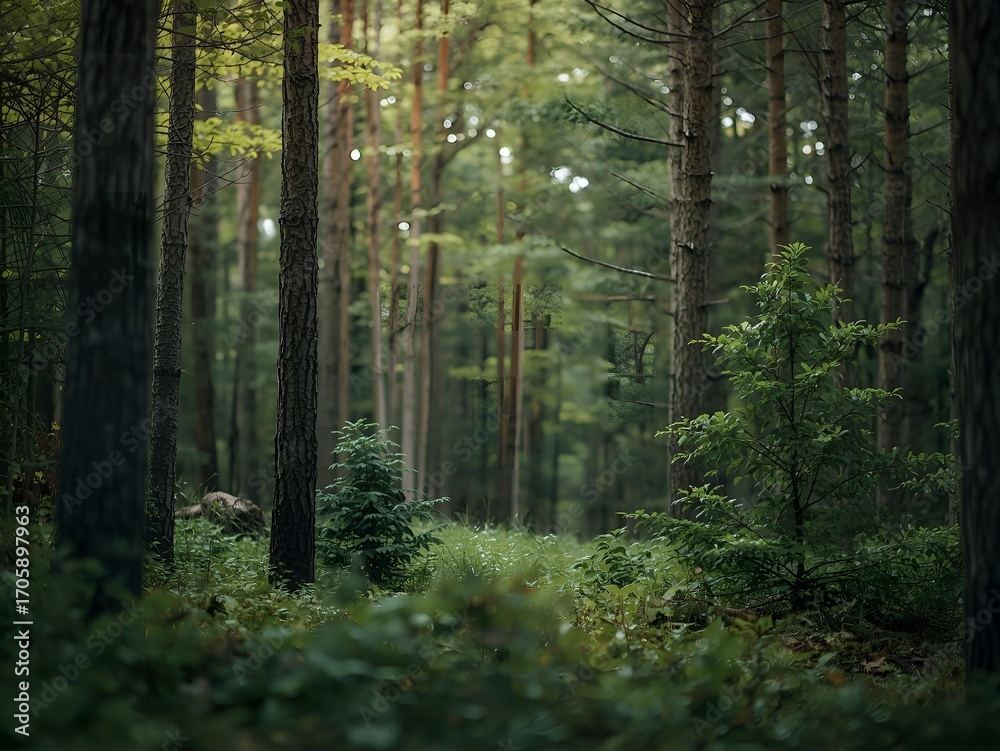 Obraz premium Enchanting forest scene with lush foliage and dappled sunlight filtering through trees