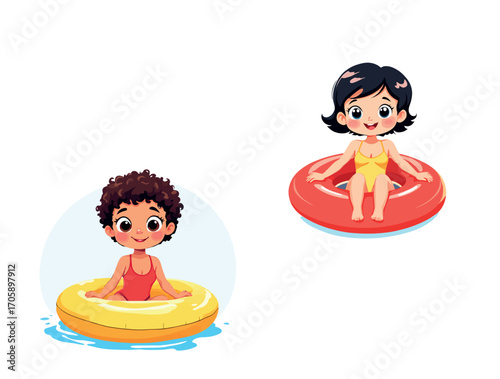 Vsai happy children relaxing on inflatable rings in swimming pool