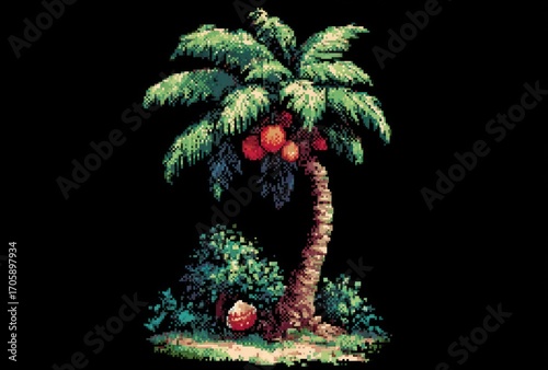 Retro pixel art of a palm tree with coconuts amidst foliage against a black background, evokes a vintage aesthetic