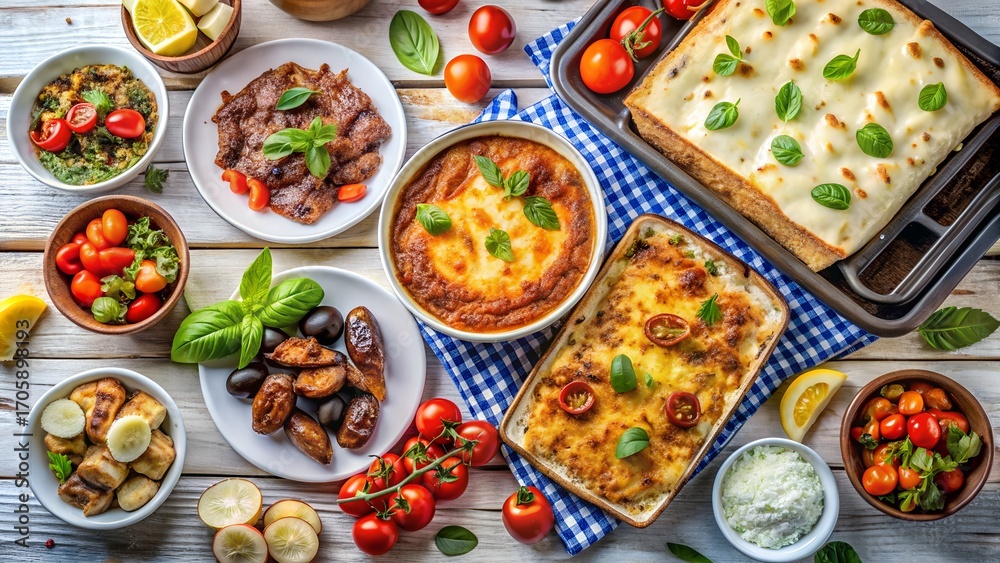 Fototapeta premium Photo of a delightful spread of italian cuisine including lasagna, baked pasta, and meat dishes, arranged on a rustic wooden table with fresh tomatoes and basil