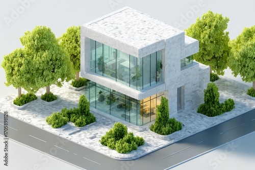 Modern White Two Story Pixel Art Building with Green Landscaping