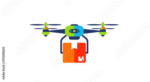 Colorful Delivery Drone Carrying Orange Package Illustration.