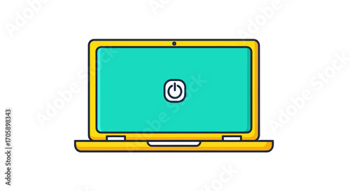 Yellow laptop with a turquoise screen displaying a power button icon.