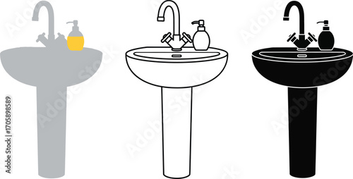 Pedestal sink bathroom sink vector illustration set design