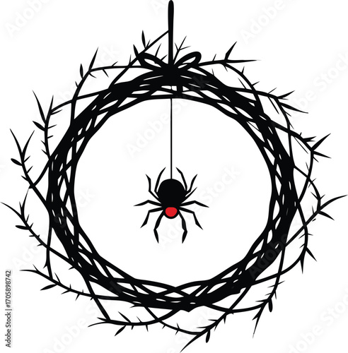 A striking black widow spider, a symbol of arachnophobia, sits on its intricate cobweb against a white background