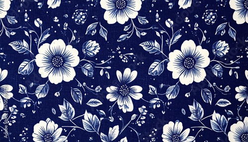 Detailed Floral Pattern with White Flowers and Blue Background Wallpaper Texture Detailed Floral Fabric Background With Flower and Leaves Botanical Pattern Surface