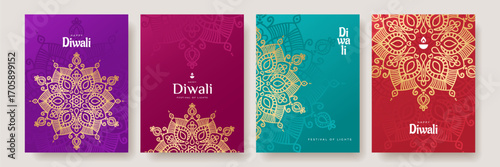 Happy Diwali banner set with gold mandala. Indian festival of lights. Holiday background for branding, greeting card, banner, cover, flyer or poster
