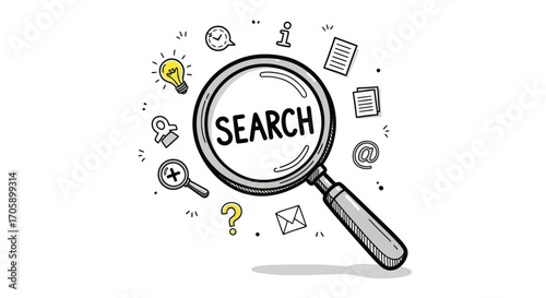 Magnifying Glass with SEARCH Text and Surrounding Icons.
