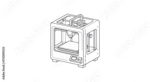 A detailed line art illustration of a modern desktop 3D printer machine.