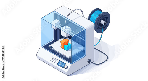Isometric illustration of a modern desktop 3D printer creating a colorful plastic model.
