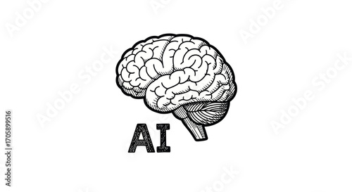 Detailed Black and White Illustration of Human Brain with AI Text.