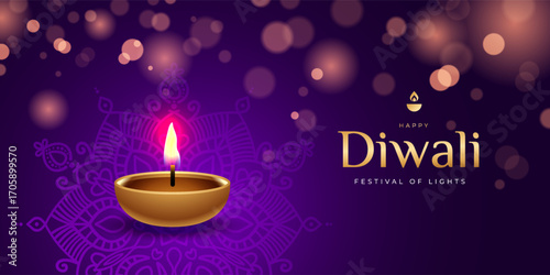Happy Diwali banner with diya lamp, mandala, bokeh effect . Indian festival of lights. Holiday background for branding greeting card, banner, cover, flyer or poster