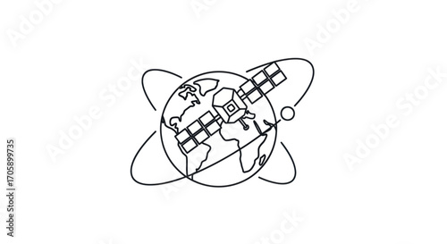 Black and White Illustration of Earth and Satellite Orbiting.