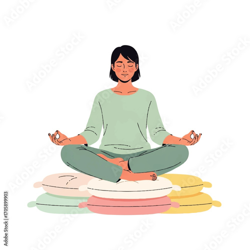 Woman meditating in lotus position, sitting on a stack of colorful pillows with eyes closed.