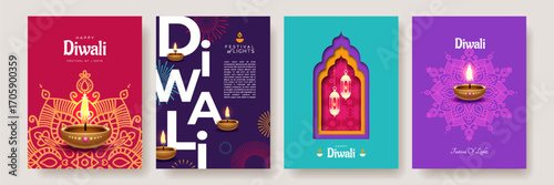 Happy Diwali banner set with diya lamp, mandala, lanterns and typography design. Indian festival of lights. Holiday background for branding greeting card, banner, cover,  poster or flyer