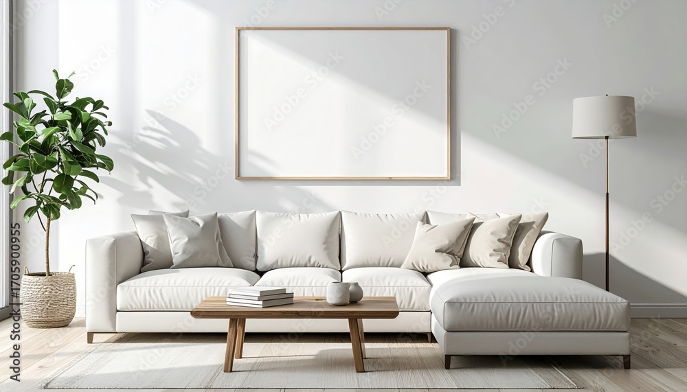 Naklejka premium Modern minimalist living room with white sofa neutral decor cozy setting natural lighting stylish home interior design concept
