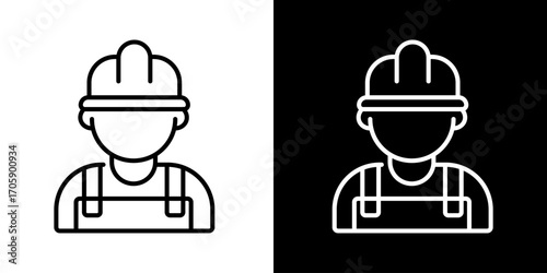 Builder line icon set on black and white backgrounds. Construction worker or engineer in a helmet and overalls, a professional contractor vector symbol for industry projects