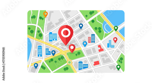 Detailed City Map with Red Location Pins and Buildings.