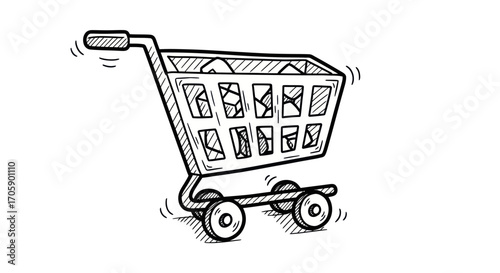Hand-drawn Shopping Cart Filled with Goods Sketch Style.
