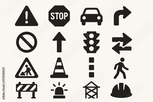 Traffic Safety Icons – Essential Vector Set of Road Signs, Safety Signals & Driving Rules Symbols
