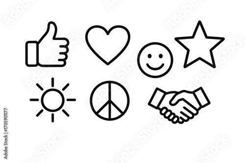Positive Symbols Icon Set – Like, Heart, Star, Smile, Peace, Handshake, Sun_simple_compose