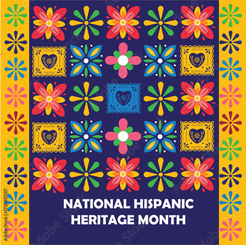 Hispanic heritage month-Web banner, poster, card for social media, networks. Greeting with national Hispanic heritage month text, flowers on floral pattern background. Vector illustration