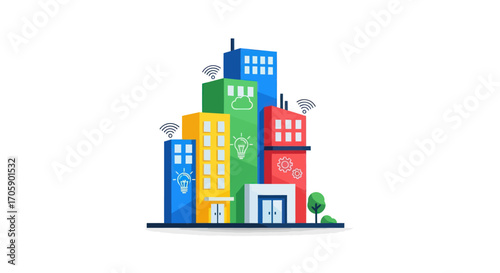 Colorful Modern City Buildings Illustration with Wi-Fi and Eco Symbols.