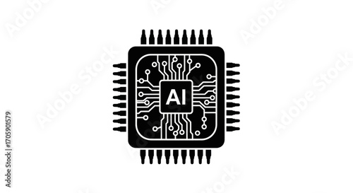 Black textured icon of an AI computer chip with circuit board pathways and processor pins representing artificial intelligence.