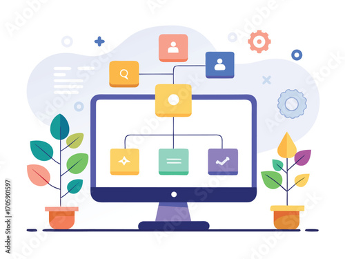Computer screen displays decision tree flowchart with growing plants symbolizing growth
