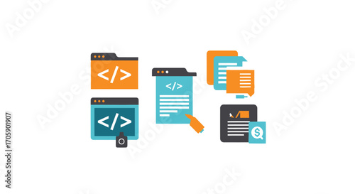 Coding and Development Icons: Folders Files and Code Snippets.