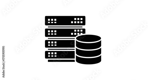 Black Silhouette Server Rack and Database Icon.
