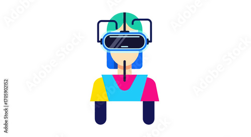 Colorful Cartoon Character Wearing Virtual Reality Headset.