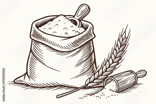 Rustic sack of flour with wheat stalk and rolling pin vintage sketch style
