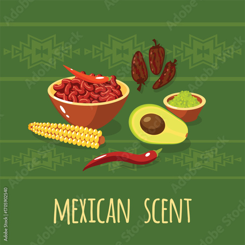 Mexican food illustration Tacos, Burrito, Chili Con Carne, Nachos, Guacamole isolated on white background
