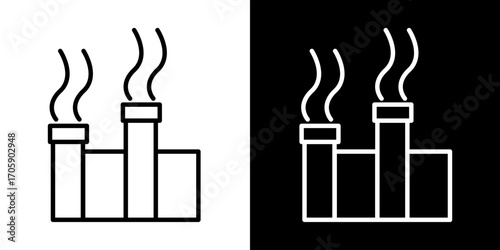 Minimalist line icon illustration of an industrial factory emitting smoke from chimneys, symbolizing air pollution, environmental impact, and carbon emissions