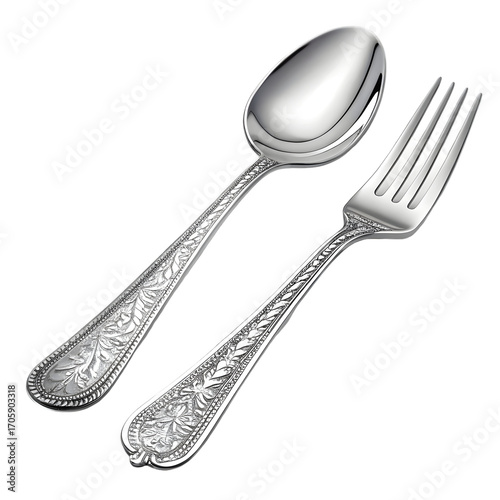 Elegant Silverware Set: Spoon and Fork with Ornate Design on transparent background