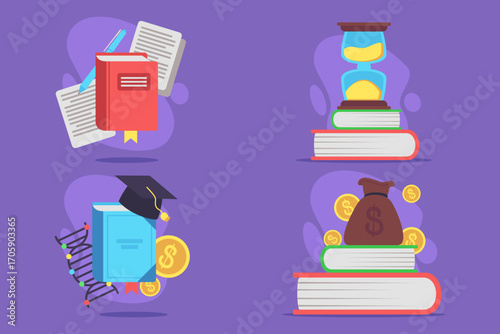 Various educational symbols on purple background, featuring books, graduation cap, coins, hourglass, and money bag. Learning and finance concept